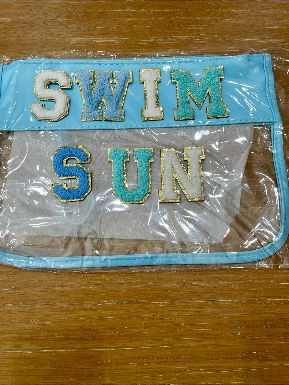 Clear Bag with Wristlet Blue Trim - Chenille Letters “SWIM SUN”